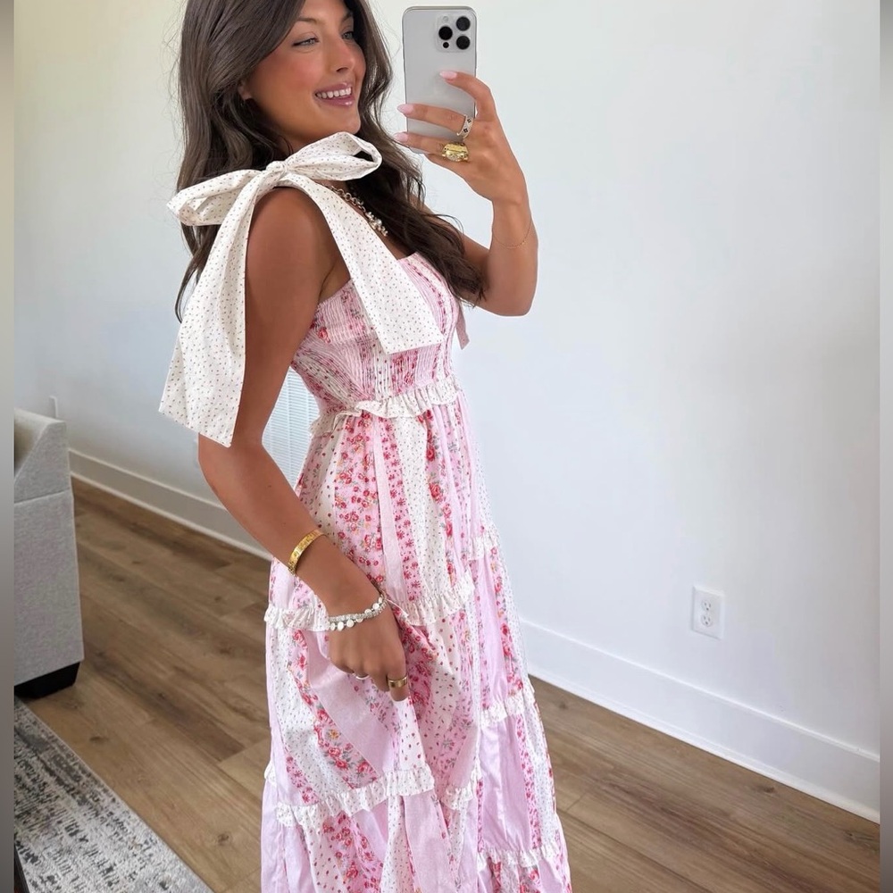 Pink Floral Smocked Midi Dress with Bows & Pockets – Cottagecore Dream